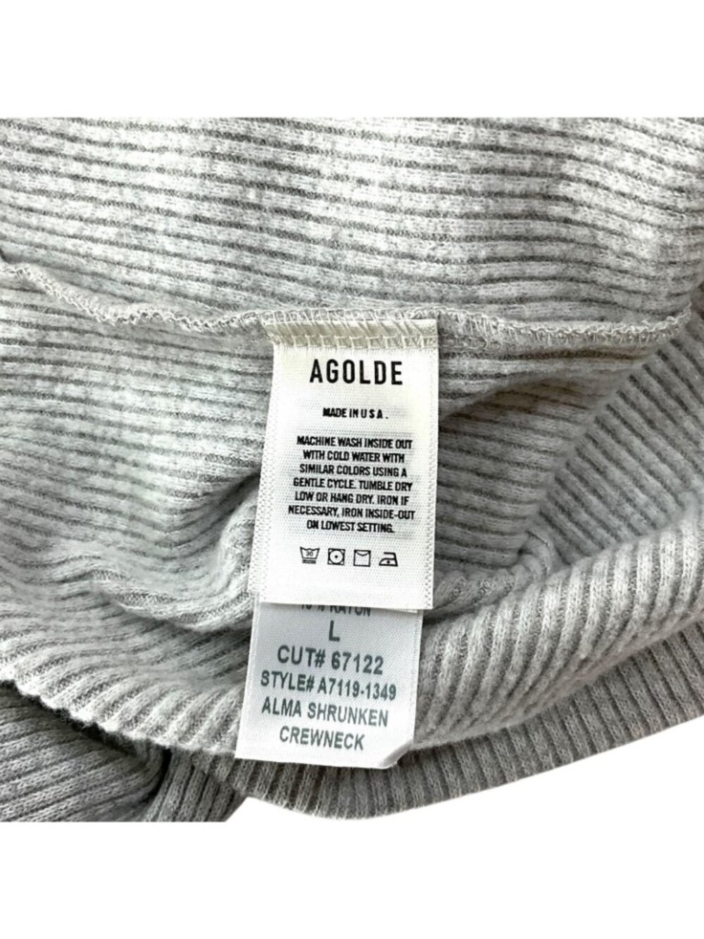 AGOLDE Alma Shrunken Crewneck Shirt Womens Large Gray Ribbed Long Sleeve Top - Picture 6 of 14